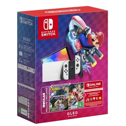 Nintendo, Console + Jogo, Switch Oled Branco, Jogo Digital Mario Kart 8 Deluxe, 3 Meses De Assinatura Nintendo Switch Online